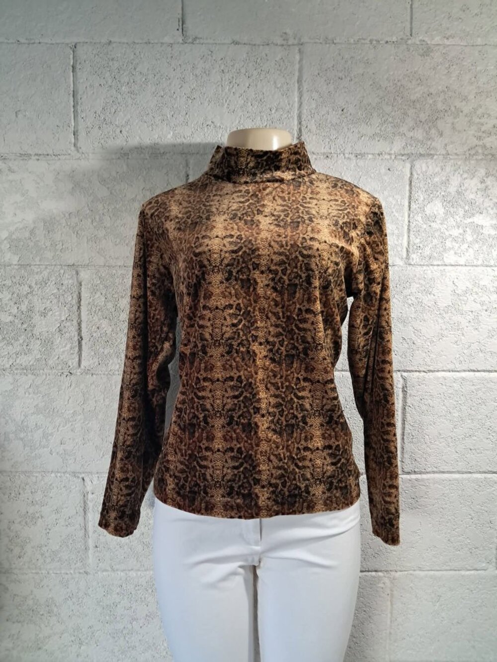 Jeanie Bleu Brown Animal Print Mock Neck Long Sleeve Top XL